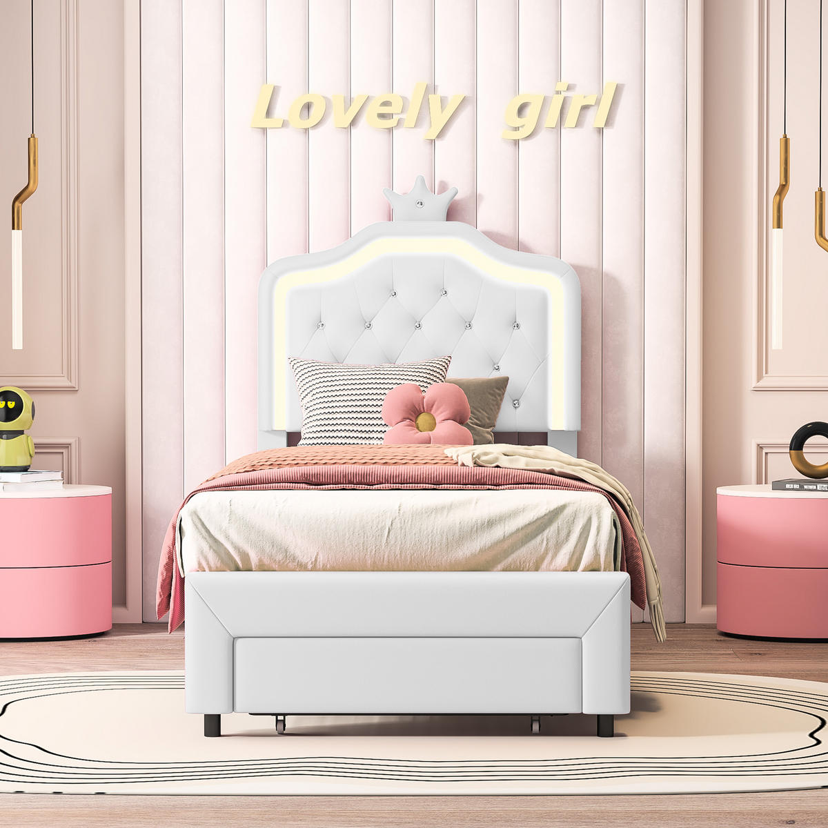 POLSTERBETT 90x200 cm mit LED-Leuchten & Schubladen, Lattenrost und Rückenlehne, Weiß - Weiß, Textil/Metall (90/200cm)