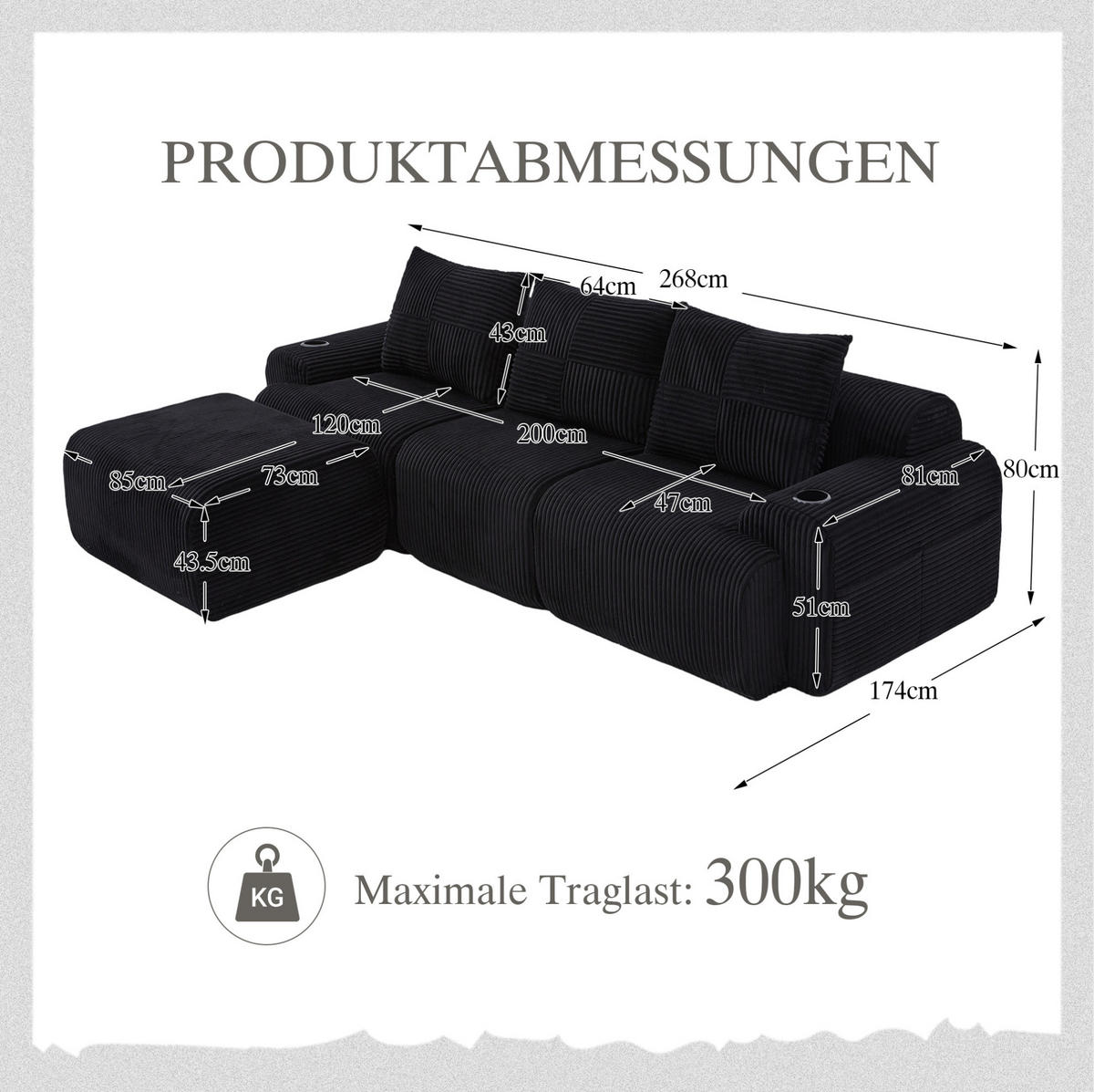 SOFA modular 268 x 174 cm Cord Schwarz mit Cupholder - Schwarz, Kunststoff (174/268cm) - Meubliv