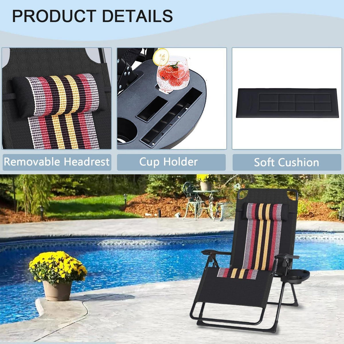 GARTENLIEGE Klappbar Extra Breit 72cm mit Getränkehalter & Kissen - Schwarz, Textil (70/85/85cm)
