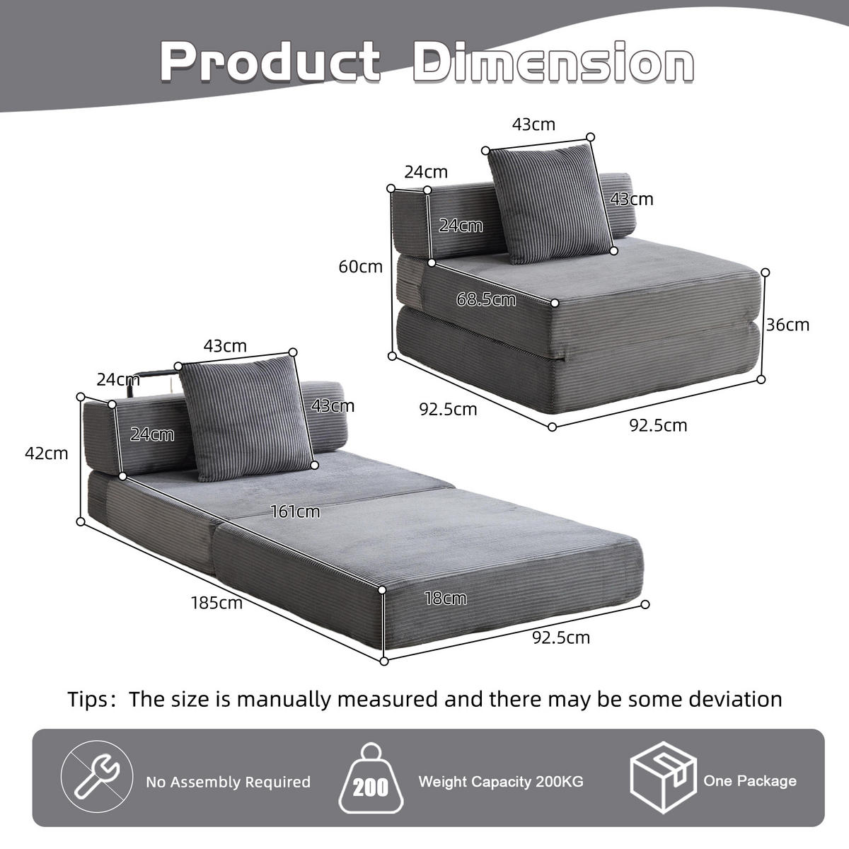 SCHLAFSOFA DE-33495 faltbar mit Rücken- und Armlehne Dunkelgrau - Dunkelgrau, Textil (92.5/60/92.5cm) - ComfortXL
