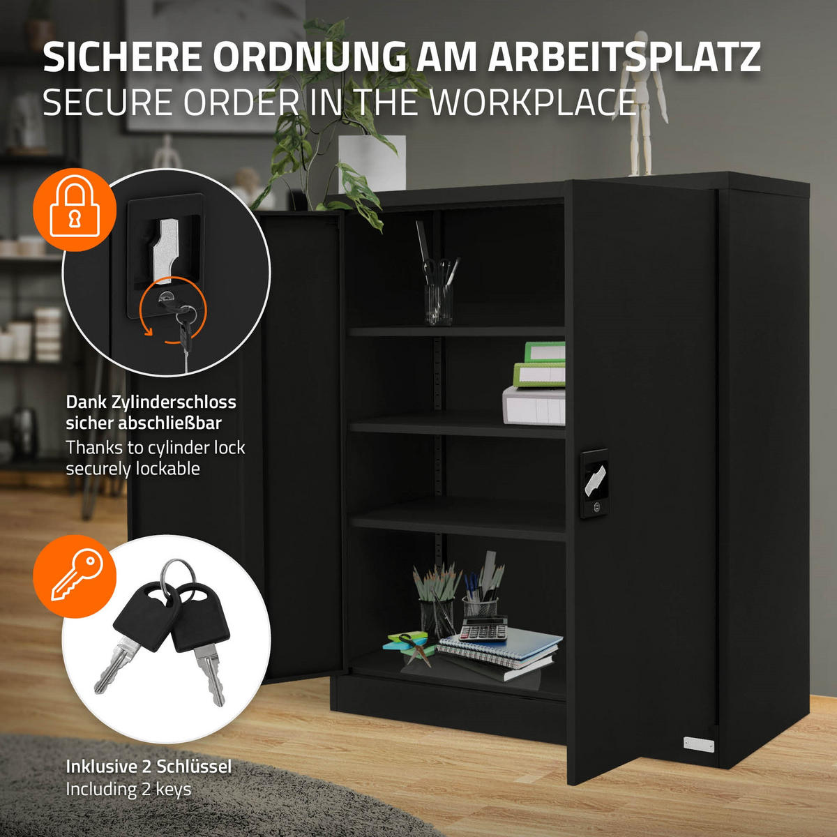 AKTENSCHRANK 90x40x109 cm Schwarz aus Stahl - Schwarz, Metall (40/109/90cm) - ML-DESIGN