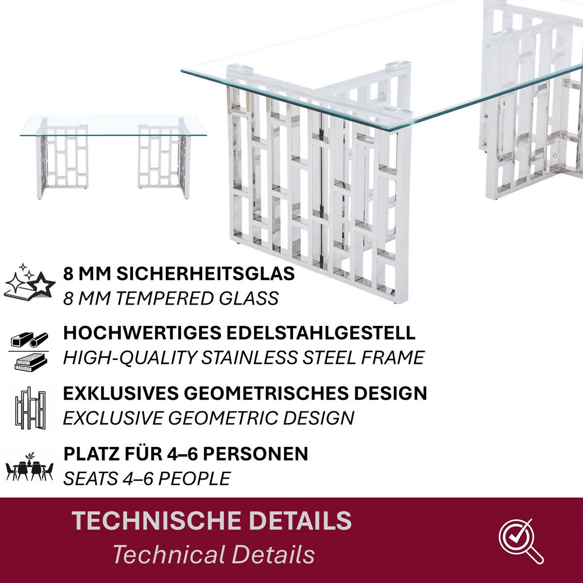 ESSTISCH Klarglas 160 × 90 cm Edelstahlgestell geometrisch Chrom - Silberfarben, Glas/Metall (90/160/75cm) - HOOZ