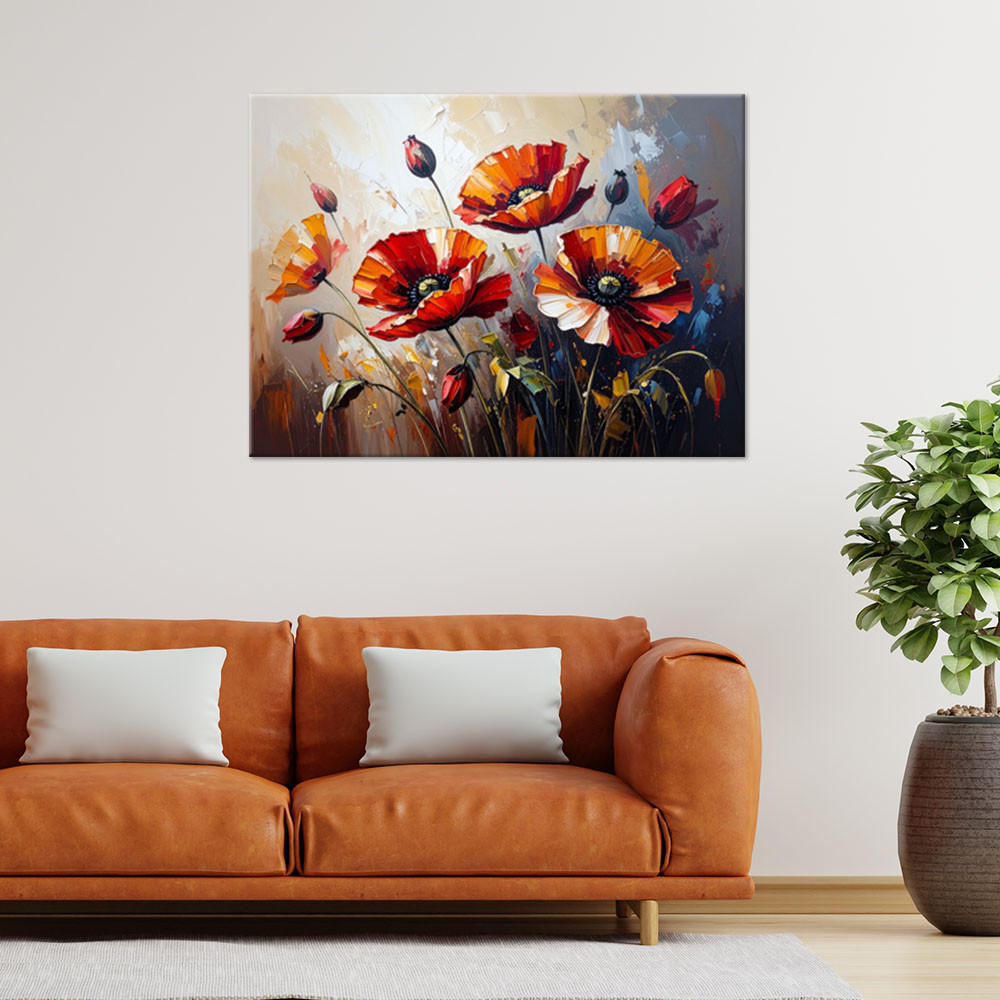 LEINWANDBILD Rote Mohnblumen auf beigem Hintergrund Farbeffekt 100x70cm - Rot, Textil (100/70cm) - Feeby