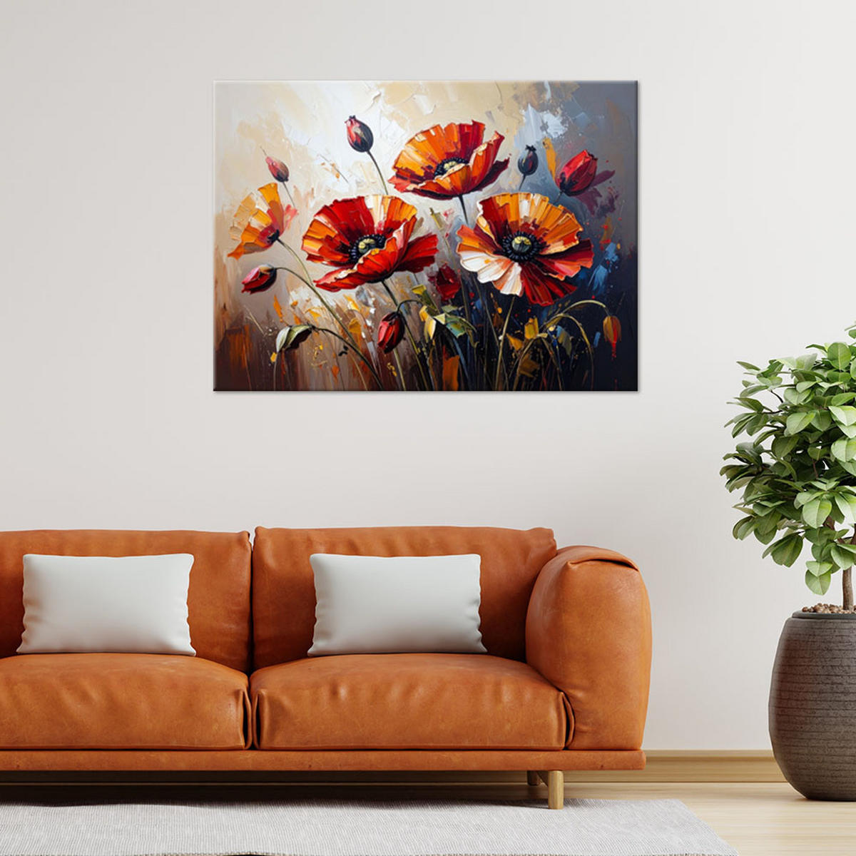 LEINWANDBILD Rote Mohnblumen auf beigem Hintergrund Farbeffekt 100x70cm - Rot, Textil (100/70cm) - Feeby