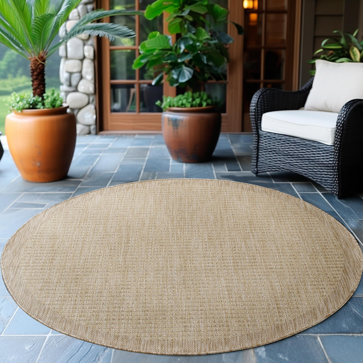 TEPPICH Outdoor Flachgewebe Uni-Farbe Polypropylen Balkon Beige Rund 160x160 - Beige, Textil (160/160cm) - KADIMA DESIGN