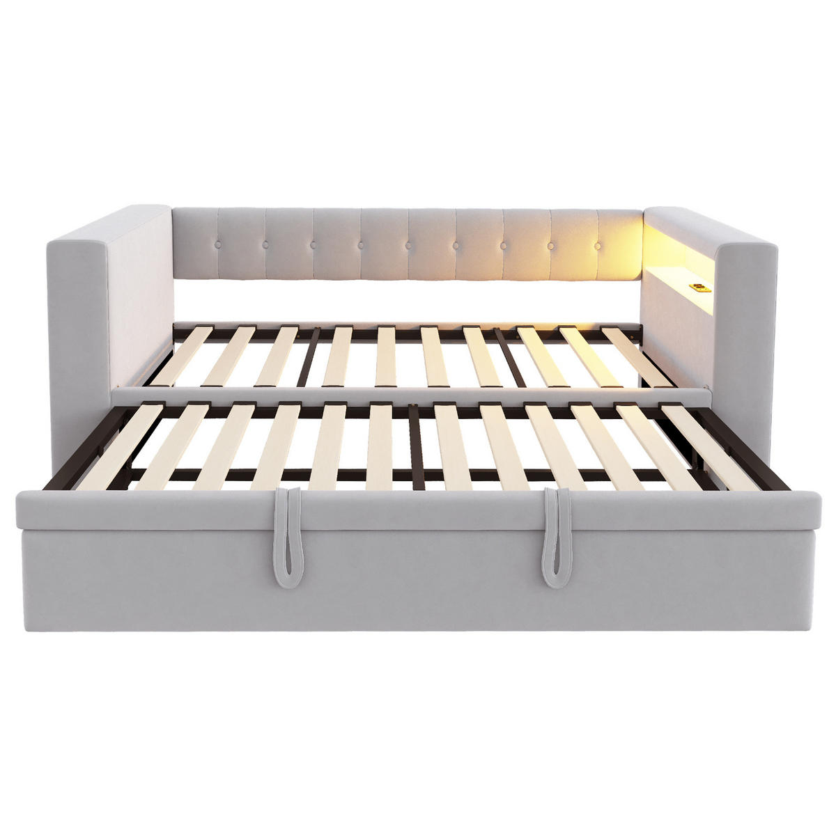 POLSTERBETT 90/190 cm mit LED-Beleuchtung, Steckdose und Armlehnen-Stauraum, Flanell, Hellgrau - Hellgrau, Textil (90/190cm) - Redom