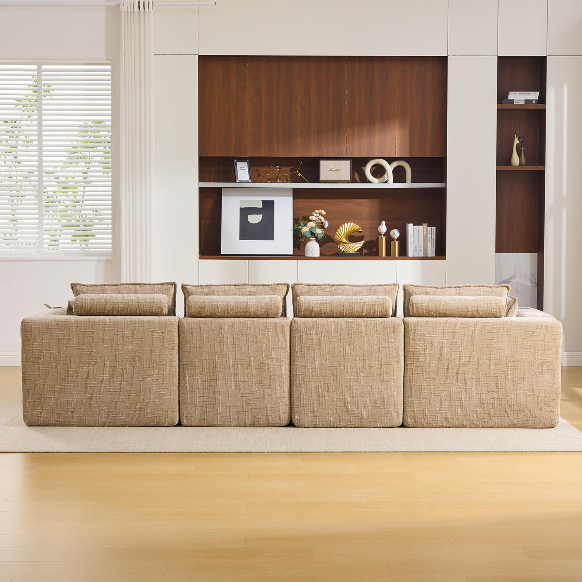 WOHNLANDSCHAFT mit 2 Fußhockern, Kissen und Getränkehalter aus Chenille in Khaki - Taupe, Textil (322/75/161cm) - EVRYAE