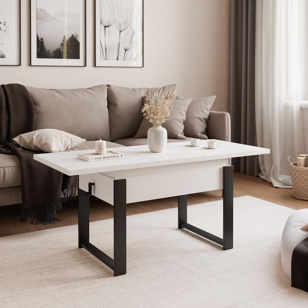 COUCHTISCH TIVOR Multifunktionalität 3-in-1 - Schwarz/Weiß, Holzwerkstoff/Metall (67/120/63.5cm) - Idohome