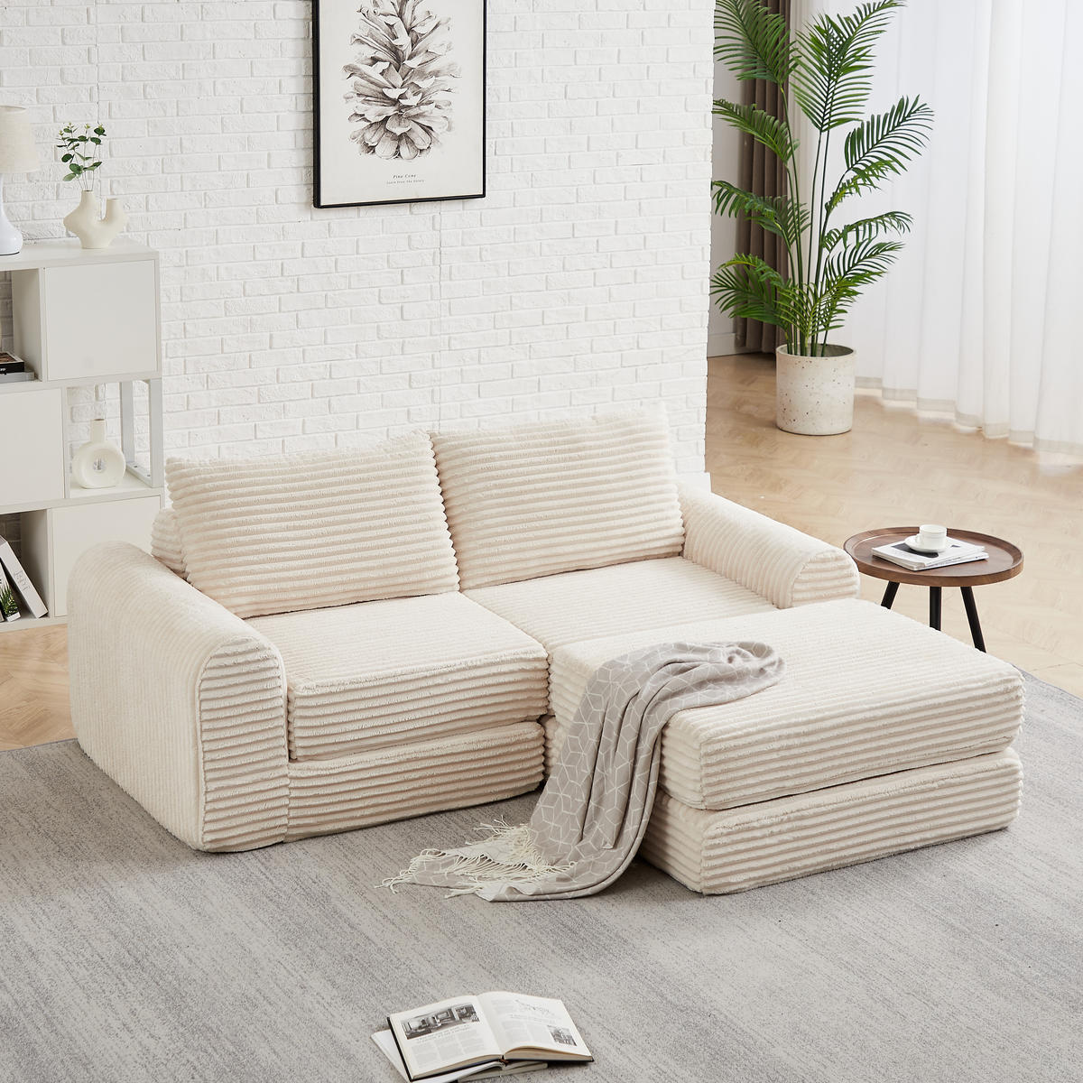 SCHLAFSOFA Cord Beige mit Fußstütze und Modulen - Beige, Textil (194/243cm) - WISHDOR