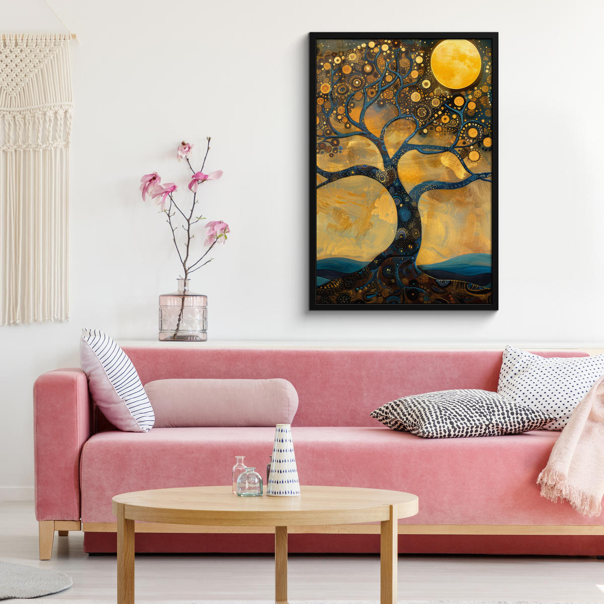 POSTER MIT RAHMENGERAHMTES BILD Baum - Mond - Blumen - Gold - Kunst 60x90 cm - Orange, Papier (60/90cm) - MuchoWow