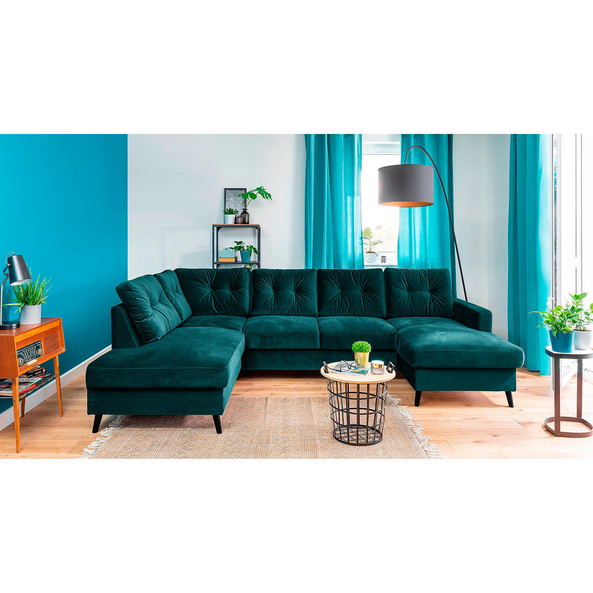 WOHNLANDSCHAFT mit Longchair - Petrol/Schwarz, Buchenholz/Textil (297/90/200cm) - home24