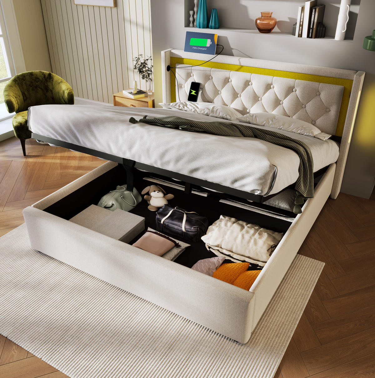 BETT mit LED, USB und Stauraum 140x200 cm Beige - Beige, Metall (140/200cm) - Meubliv