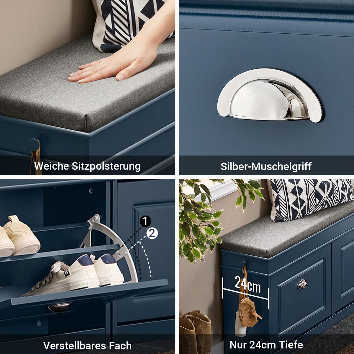 SCHUHBANK Blau - Blau, Holzwerkstoff (104/52/24cm) - SoBuy