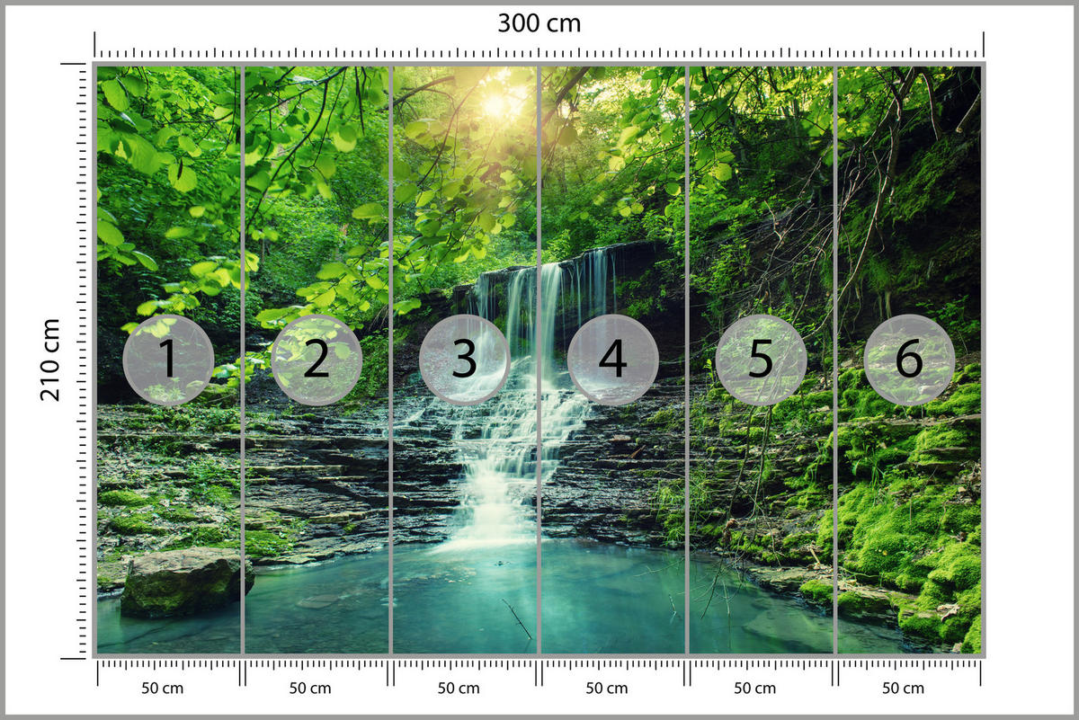 FOTOTAPETE für Schlafzimmer Türkisfarbener Wasserfall Wald Bäume Blätter Felsen 300x210 - Türkis/Blau, Papier (300/210cm) - Muralo