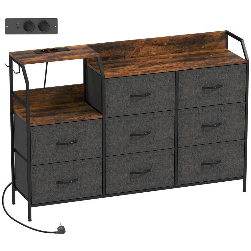 KOMMODE DE-38039 8 Stoffschubladen mit Ladestation Schwarz - Braun, Metall (130.5/88/30cm) - ComfortXL