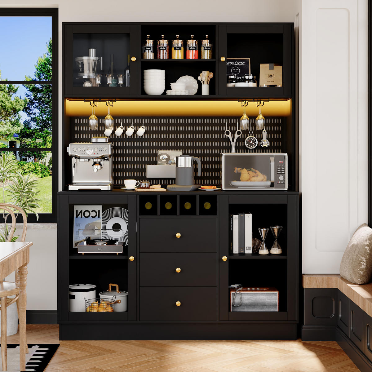 BUFFET 140/40/185,7 cm schwarz aus MDF und Glas mit LED-Beleuchtung - Schwarz, Holzwerkstoff (140/185.7/40cm) - OKWISH