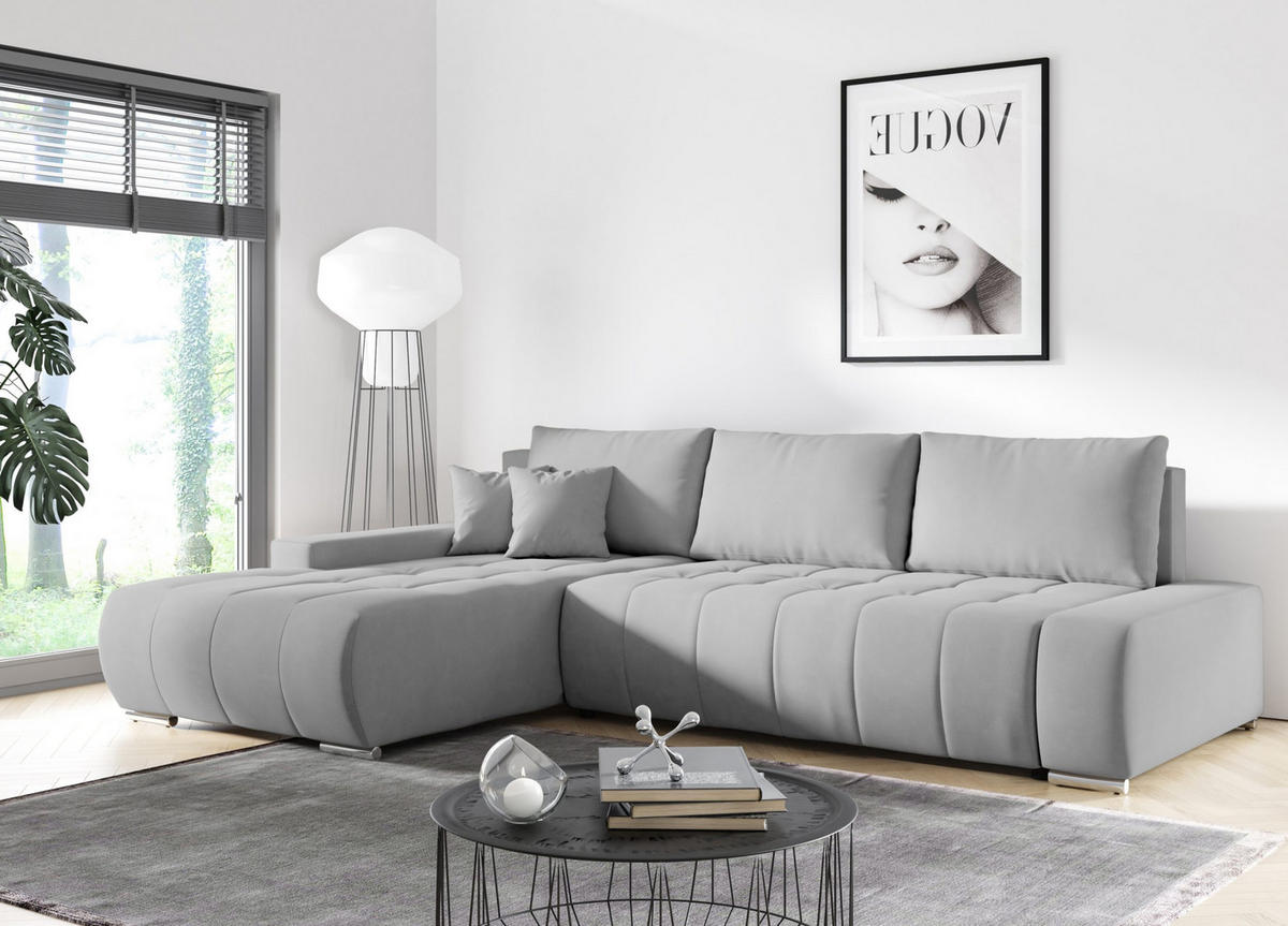ECKSOFA mit Schlaffunktion Dhaka L, Hellgrau - Hellgrau, Textil (185/265cm) - Fedve