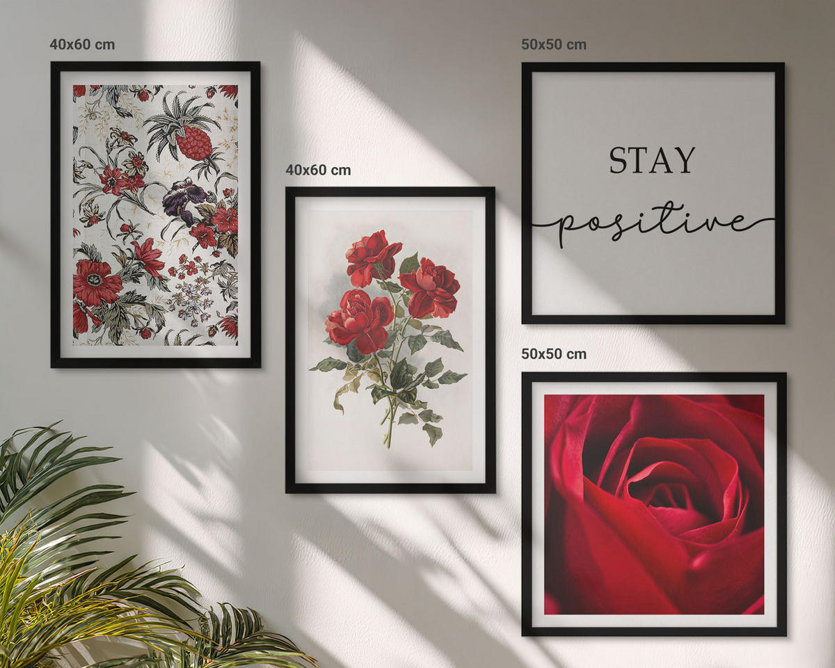 BILDER SET 4er Set - 50x50 cm & 40x60 cm Schwarzer Rahmen - Inschrift mit roten Rosen - Schwarz, Kunststoff (50/50cm) - TULUP