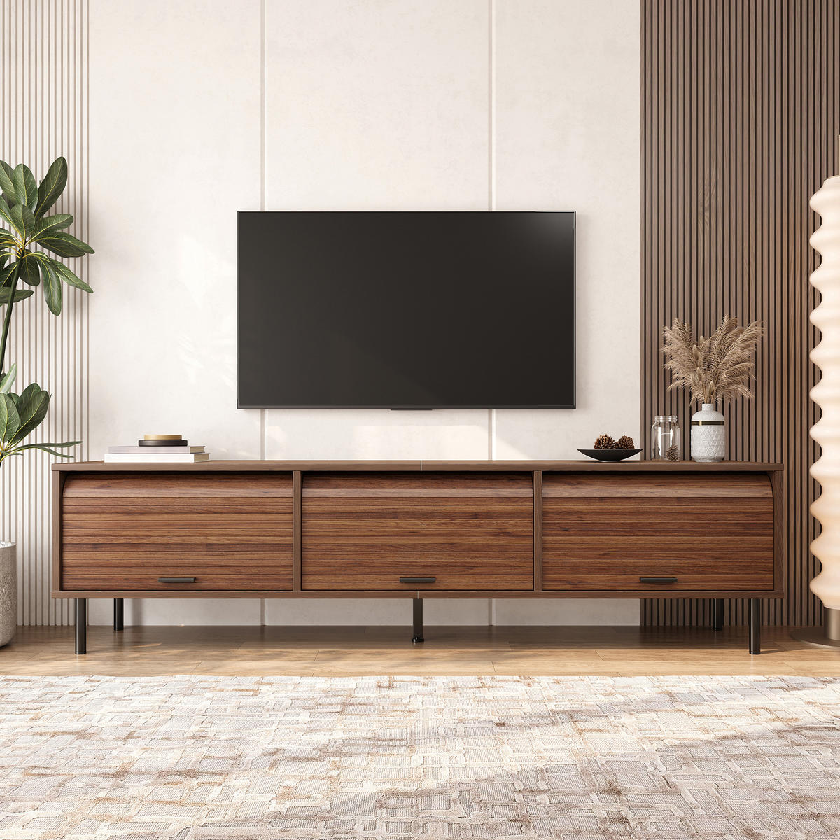 TV-SCHRANK mit 3 Schiebetüren und Rillenfront - Walnussfarben, Holzwerkstoff (180/55/40cm) - FLIEKS