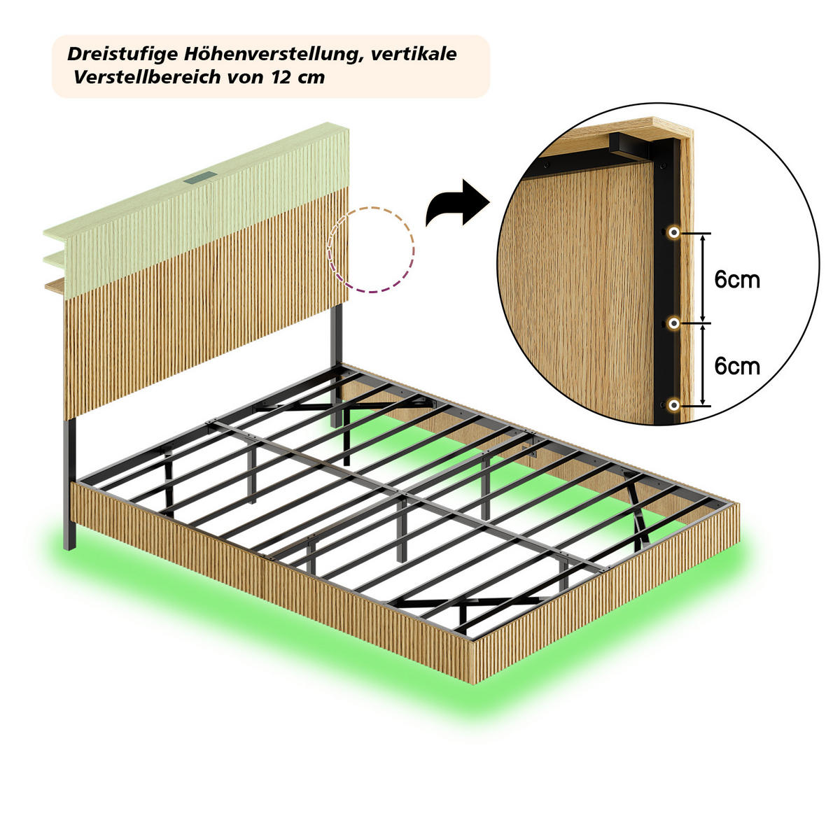 ETAGENBETT 140/200 cm aus Metall und Spanplatte mit LED, Natur - Naturfarben, Metall (140/200cm) - OKMYHOME