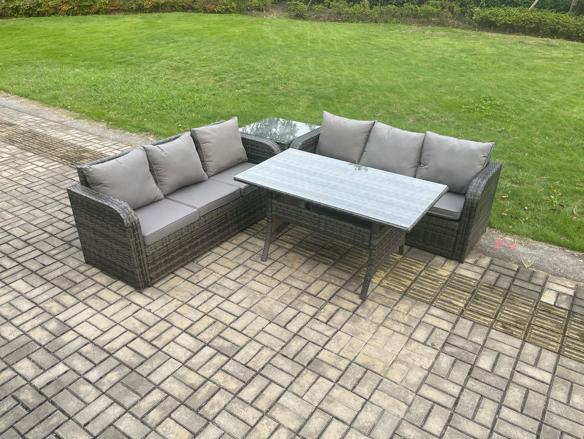 GARTENTISCHGRUPPE mit Beistelltisch Polyrattan Dunkelgrau 6-Sitzer - Dunkelgrau/Grau, Glas/Kunststoff - Fimous