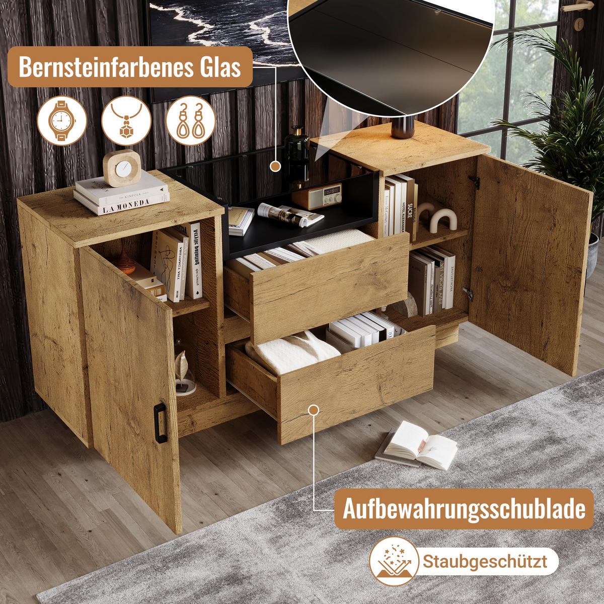 SIDEBOARD in Eichenoptik mit Glasfront mit 2 Schubladen, 2 Türen & offenem Fach - Eichefarben, Holzwerkstoff (140/70/40cm) - Urban Meuble