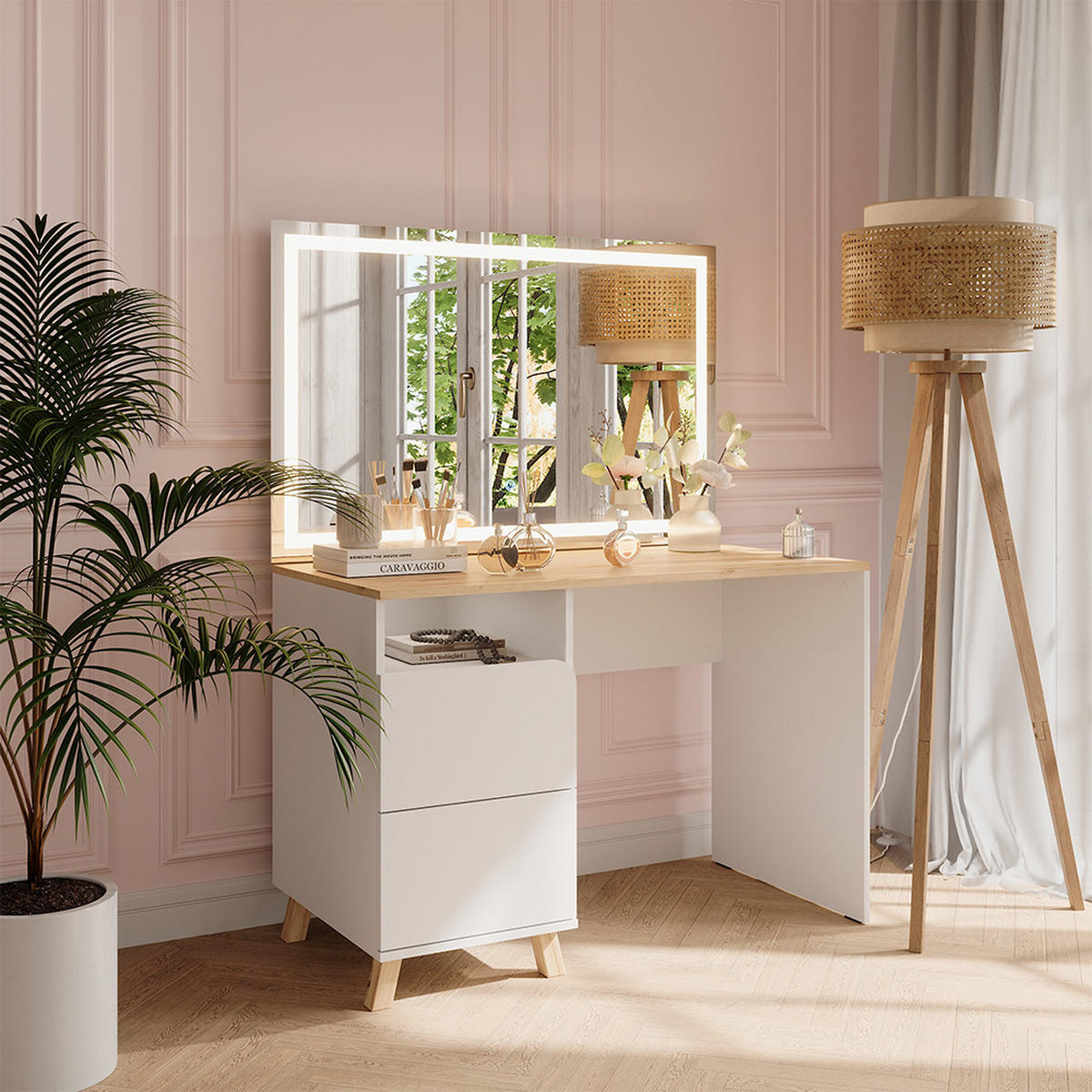 SCHMINKTISCH Karen Weiß/Artisan 110 cm mit LED-Spiegel - Weiß/Eiche Artisan, Holzwerkstoff (110/75/55cm) - Vicco