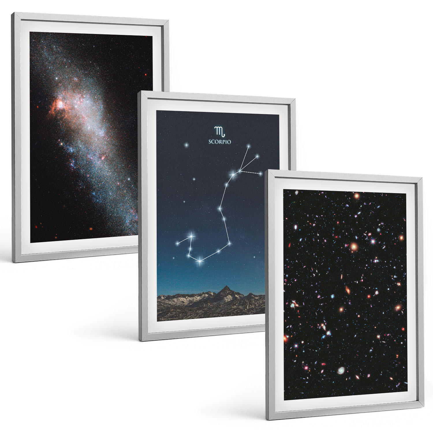 BILDER SET 3er Set - 40x60 cm Silberner Rahmen - Scorpios kosmische Landschaften - Silberfarben, Kunststoff (40/60cm) - TULUP