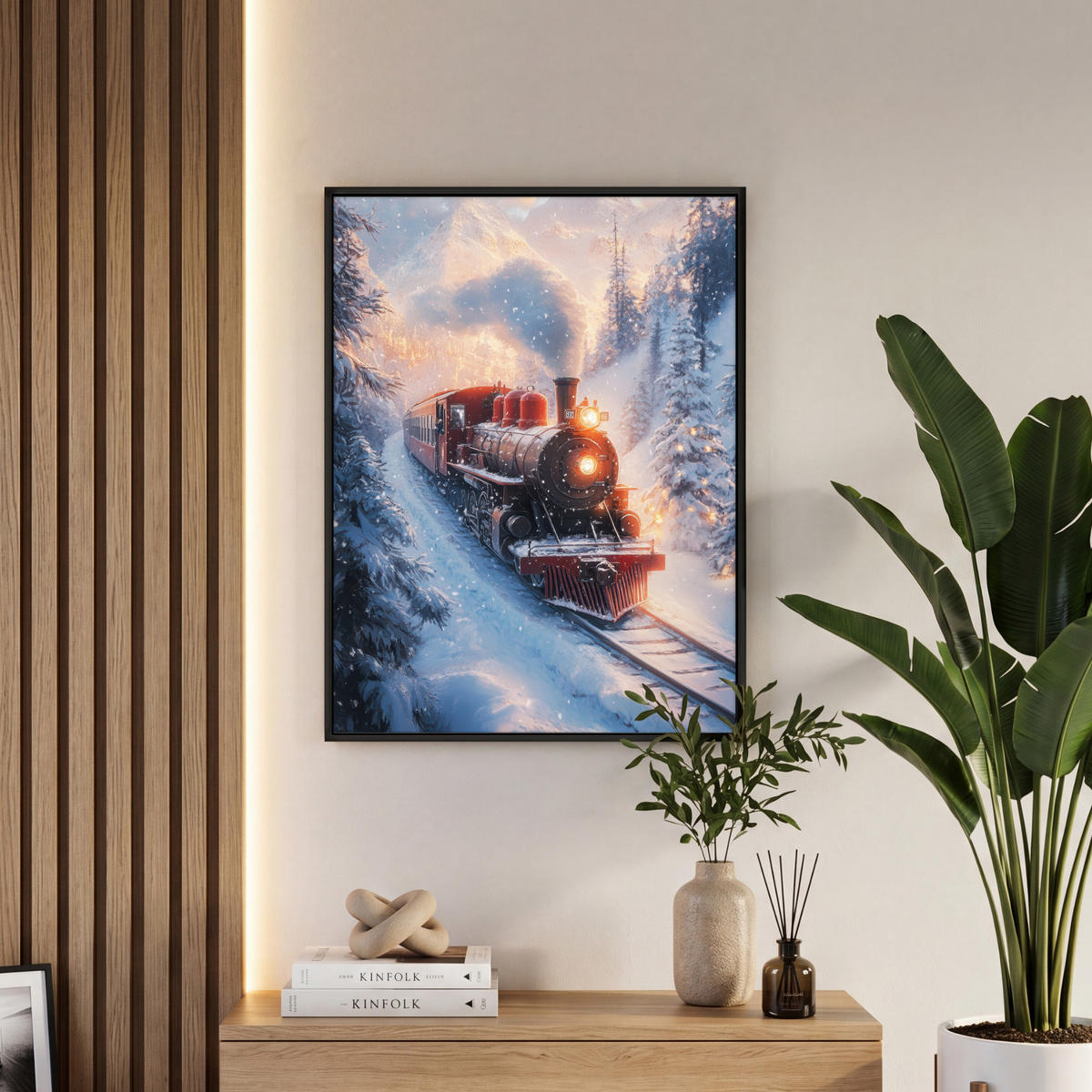 LEINWAND Bilder mit Rahmen - Weihnachtszug - Schnee - Winter - Weihnachten - 50x70 - Dunkelrot, Textil (50/70cm) - MuchoWow