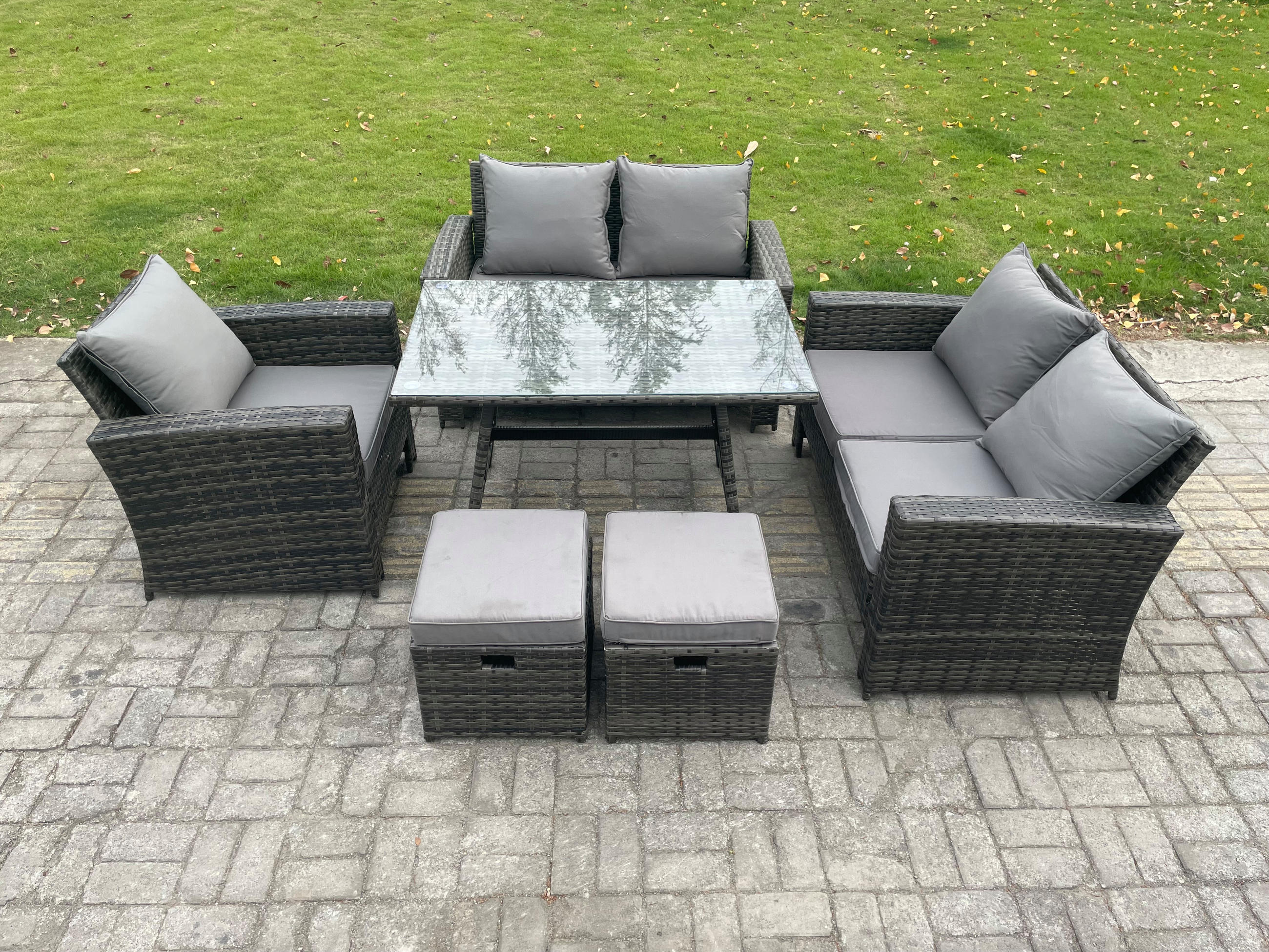 GARTENMÖBELSET mit ESSTISCH,HOCHLEHNER-SOFA Polyrattan Dunkelgrauer Mix 7-Sitzer - Dunkelgrau/Grau, Glas/Kunststoff - Fimous
