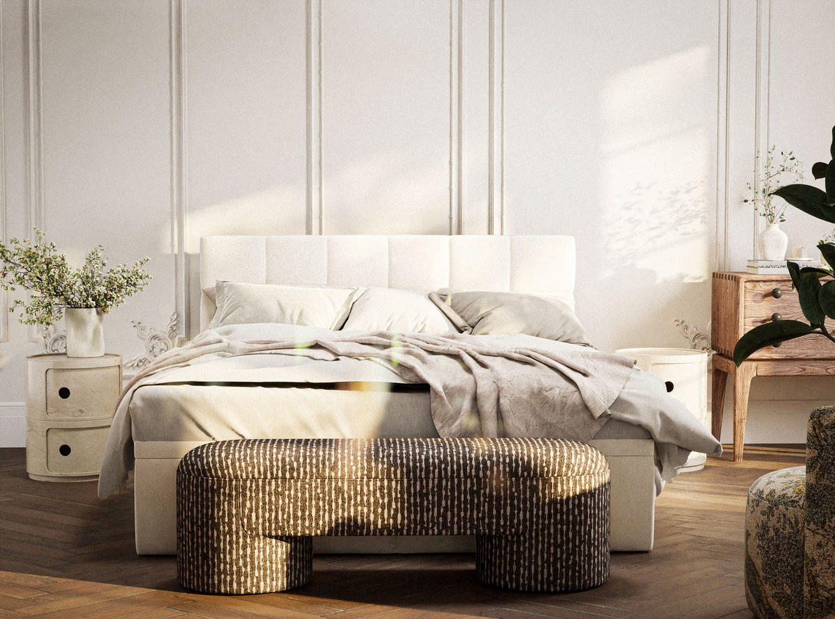 BOXBETT 160/200 cm Gotu S, in Hellbeige, Matratze, gepolstertes Kopfteil, Bettkasten, H3 = fest - Beige/Schwarz, Holz/Holzwerkstoff (160/200cm) - Maison de Reve