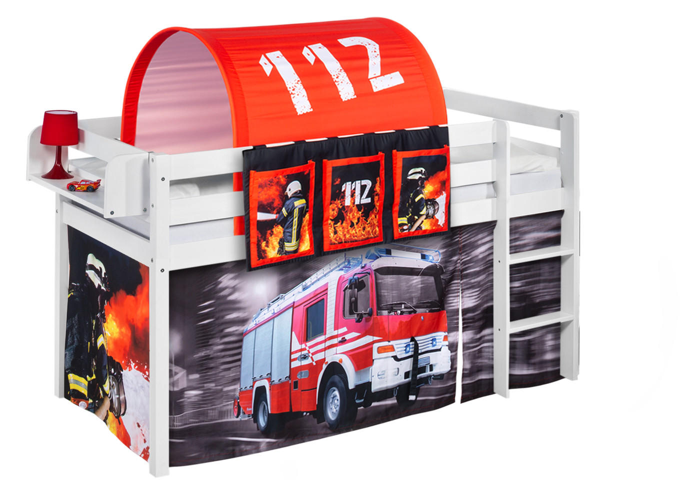 HOCHBETT Jelle mit FEUERWEHR Vorhang - Kinderbett - Weiß, Holz - Lilokids