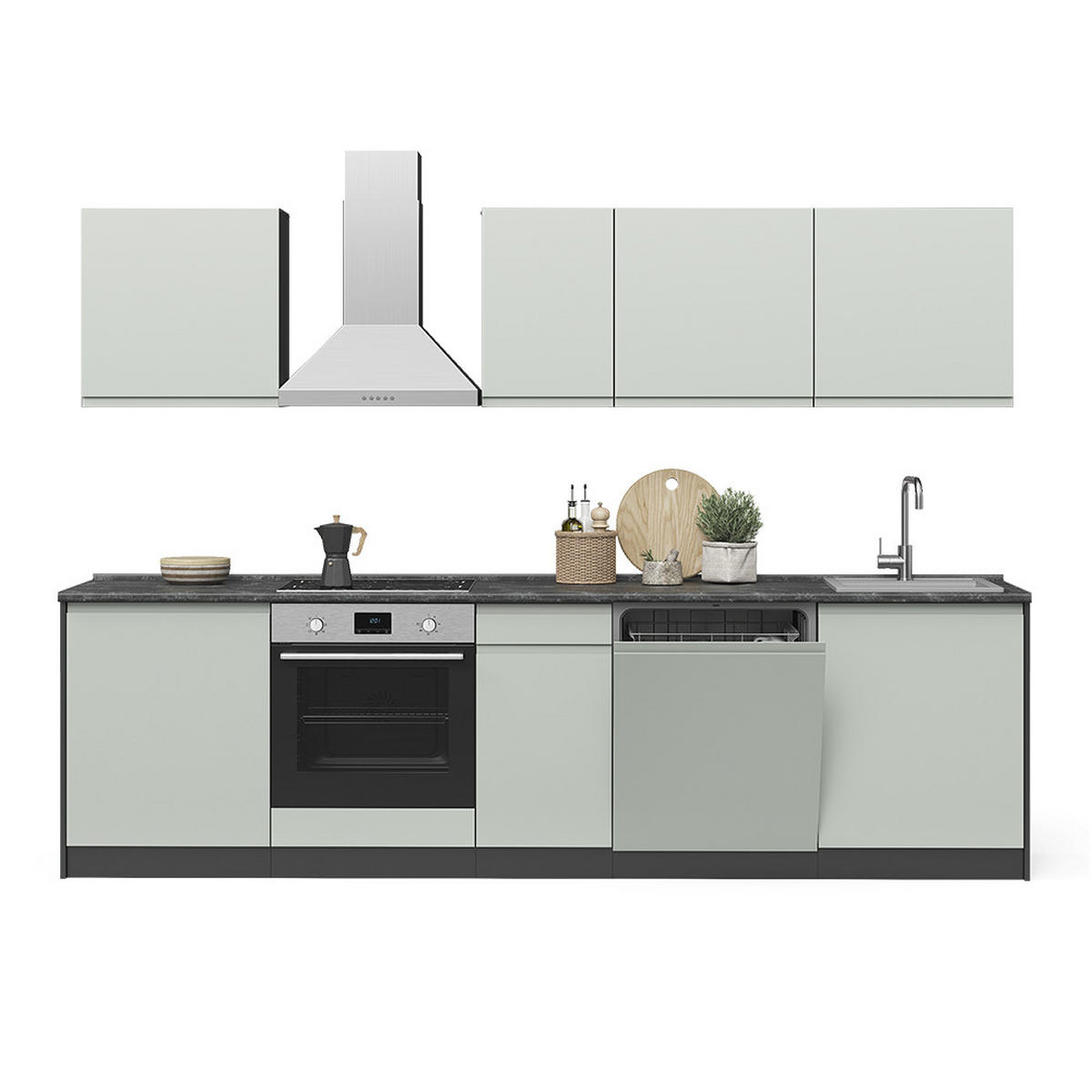 KÜCHENZEILE R-Line, Pastellgrün/Anthrazit, 280 cm Arbeitsplatte Satin - Pastellgrün/Anthrazit, Holzwerkstoff (280/206.8/60cm) - Vicco