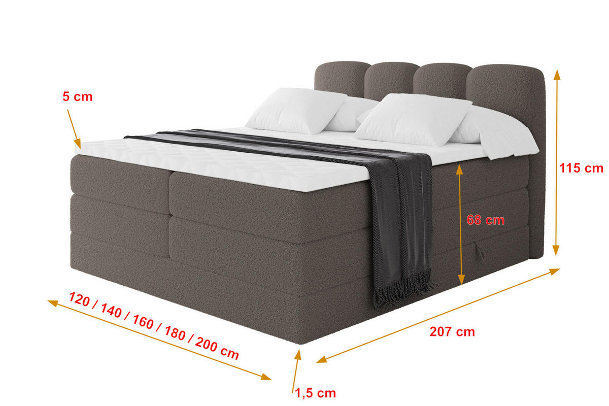BOXSPRINGBETT mit Matratze H3/H4 - NINA KING - 160x200 cm Braun - Braun, Holzwerkstoff (160/200cm) - ALTDECOR