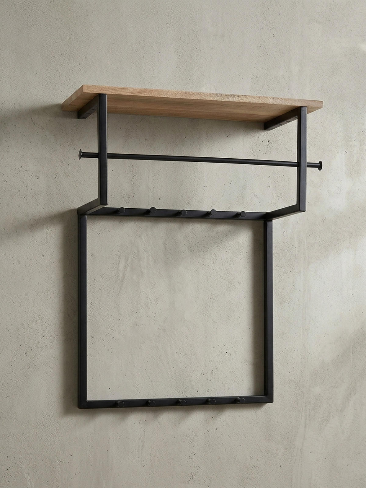 WANDGARDEROBE Massivholz Metall Modern mit 10 Haken, Kleiderstange und Ablage - Schwarz, Holz/Metall (60/76/26cm) - KADIMA DESIGN