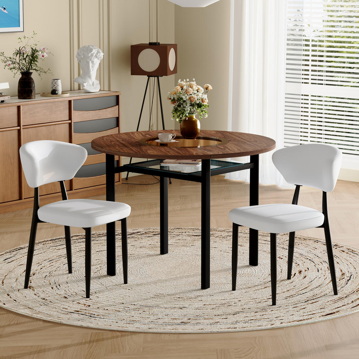 ESSGRUPPE DE-39356 3-teilig, mit 2 PU-Sesseln und Glasintarsie Braun/Weiß - Weiß, Metall (100/76/100cm) - ComfortXL