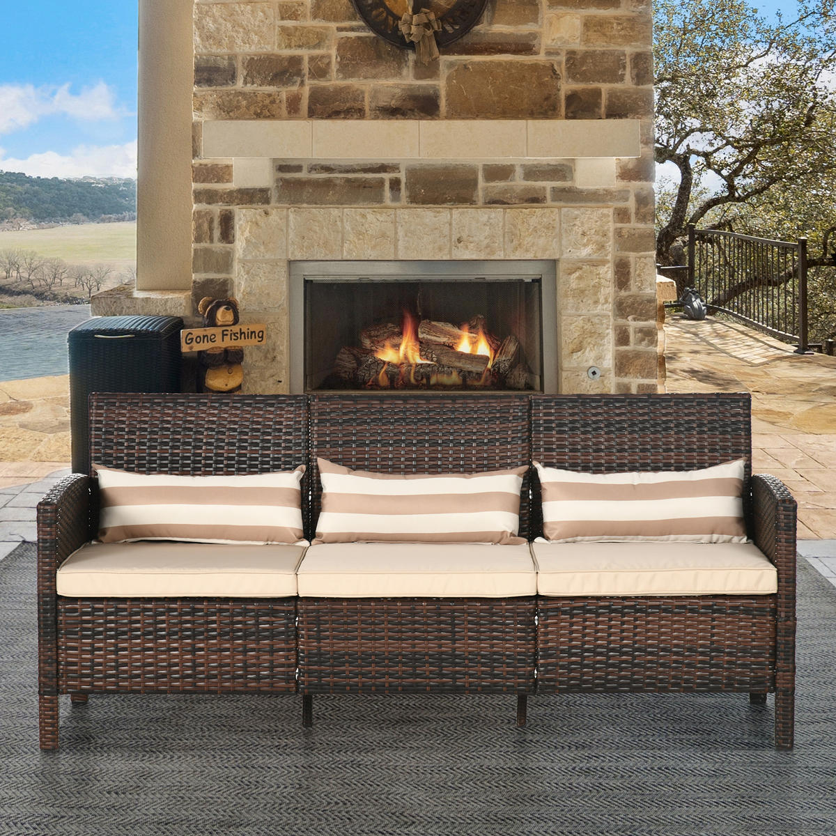 RATTAN SOFA MIT KISSEN DE-06664 3-Sitzer, wetterfest Braun - Braun, Kunststoff/Metall (68/78/173cm) - ComfortXL
