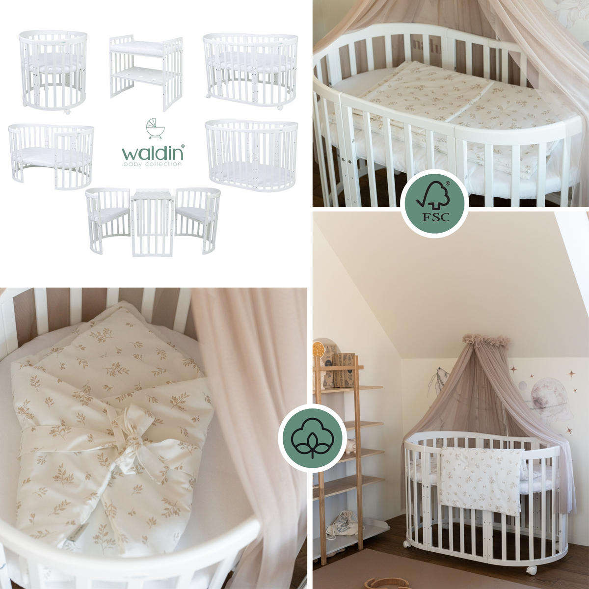 BABYBETT WHITE OVAL 7in1 mit Matratze und Himmelset - Taupe/Naturfarben, Holz/Textil