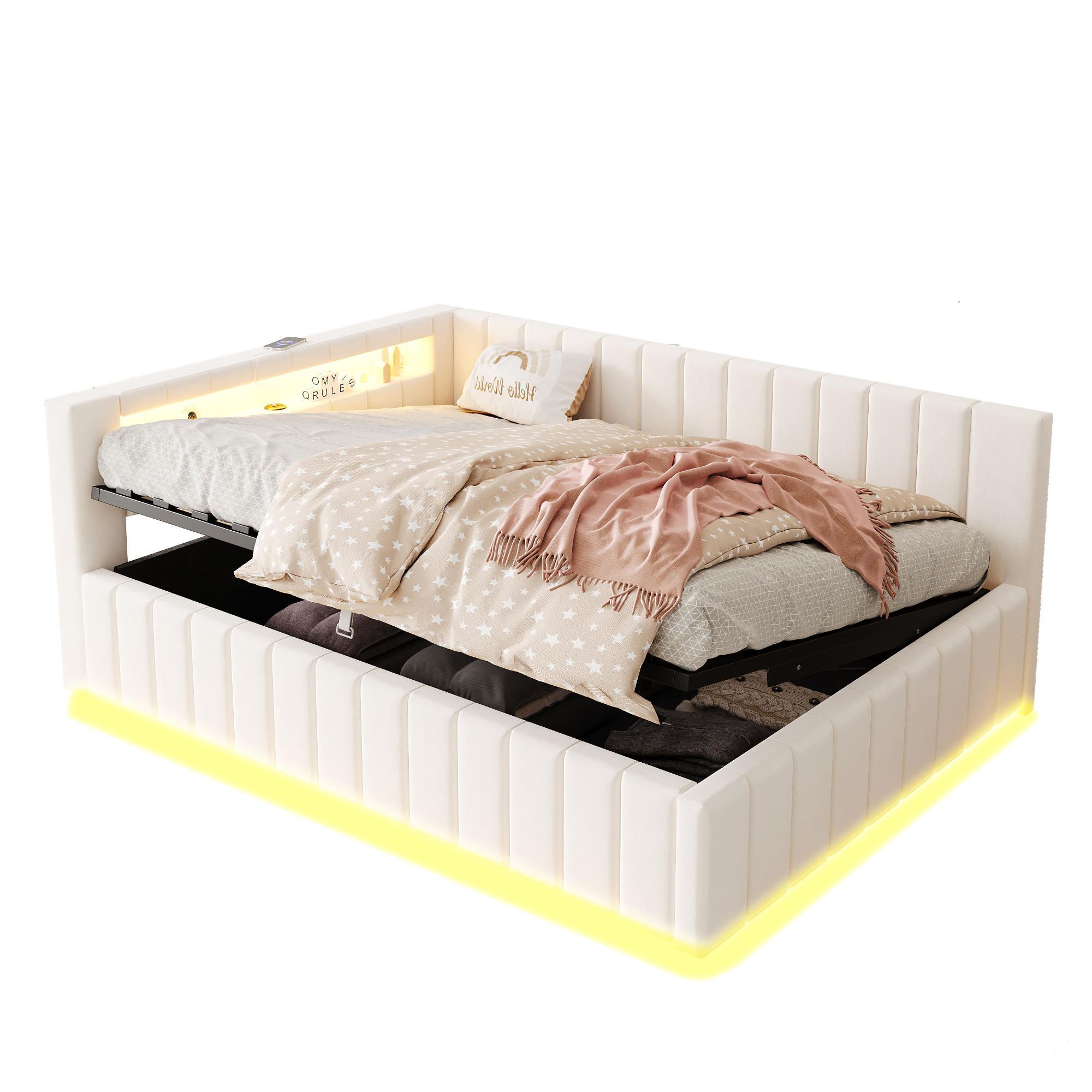 POLSTERBETT 140x200 cm LED USB beige - Beige, Textil (140/200cm) - Fortuna Lai