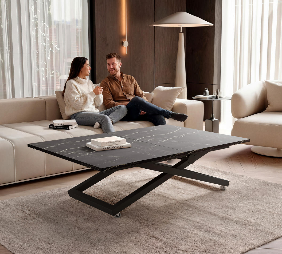 COUCHTISCH ARIA 120-160/80 cm, Höhenverstellbar, Schwarz / Grigia Pietra (Steingrau) - Schwarz/Grau, Holzwerkstoff/Metall (120/80/38cm) - Idohome