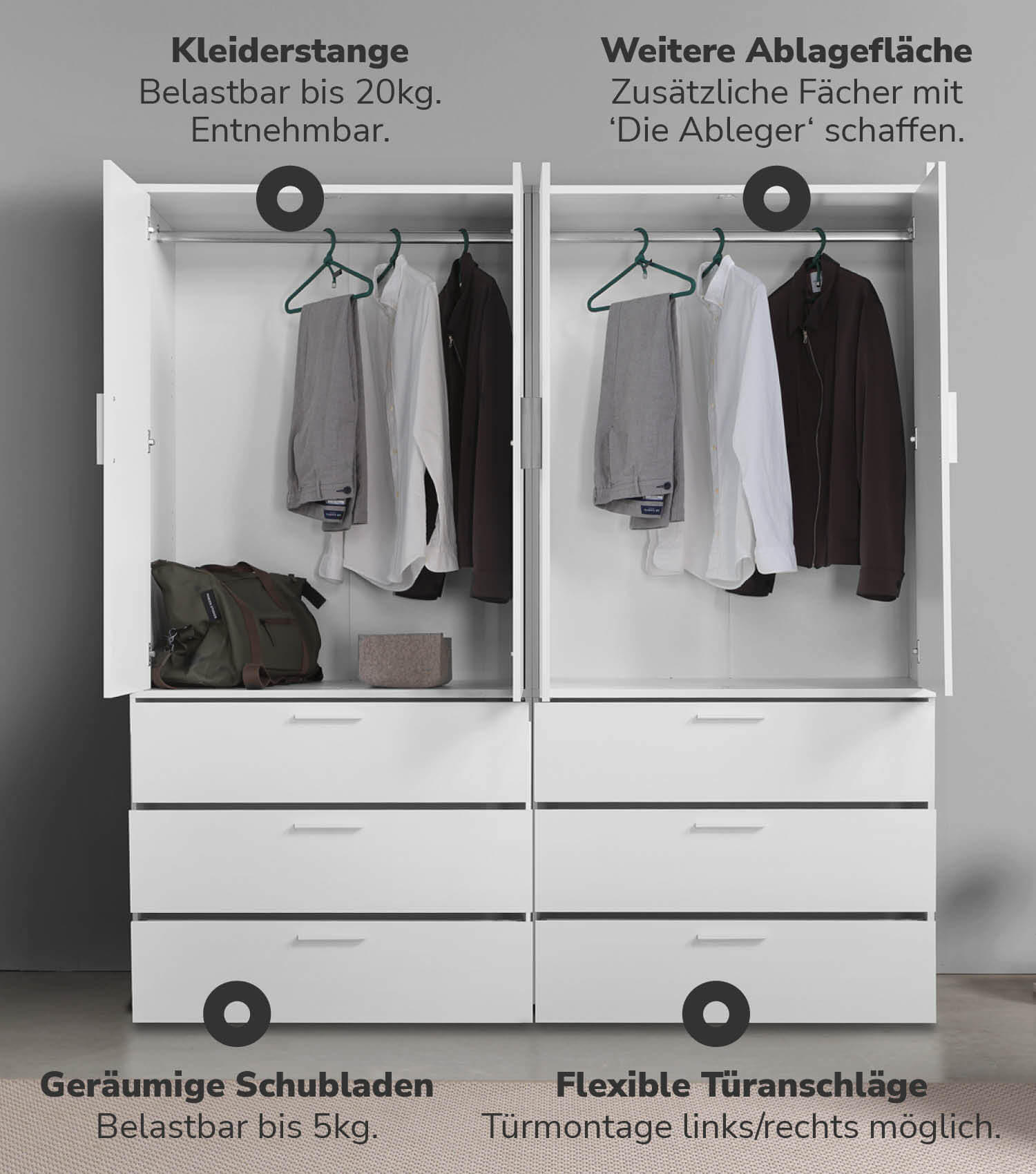 KLEIDERSCHRANK mit Spiegel Der Grenzenlose - Weiß, Holzwerkstoff (180/187/58cm) - Mokebo