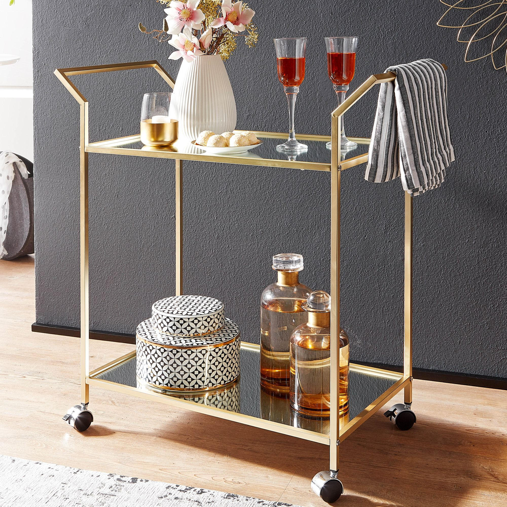 SERVIERWAGEN – Gold, Verspiegelte Ablagen, auf Rollen - Goldfarben, Glas/Metall (73/78/37cm) - KADIMA DESIGN