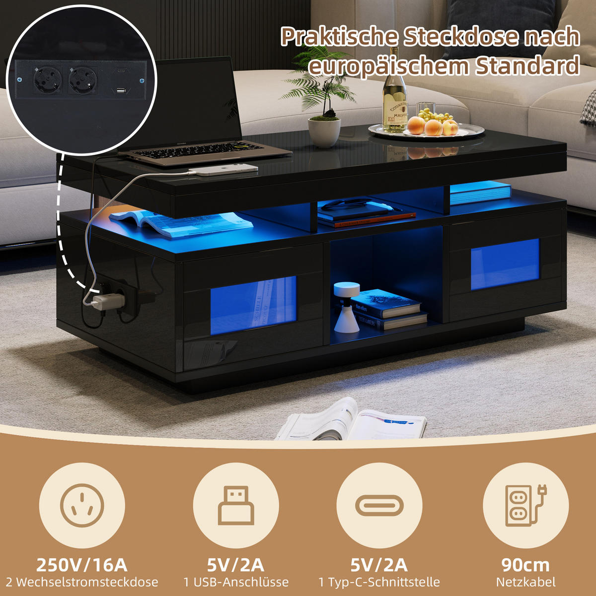COUCHTISCH 100/50/43 cm in Schwarz Hochglanz mit LED-Beleuchtung und Ladefunktion - Schwarz, Holzwerkstoff (100/50/43cm) - Flora Grace