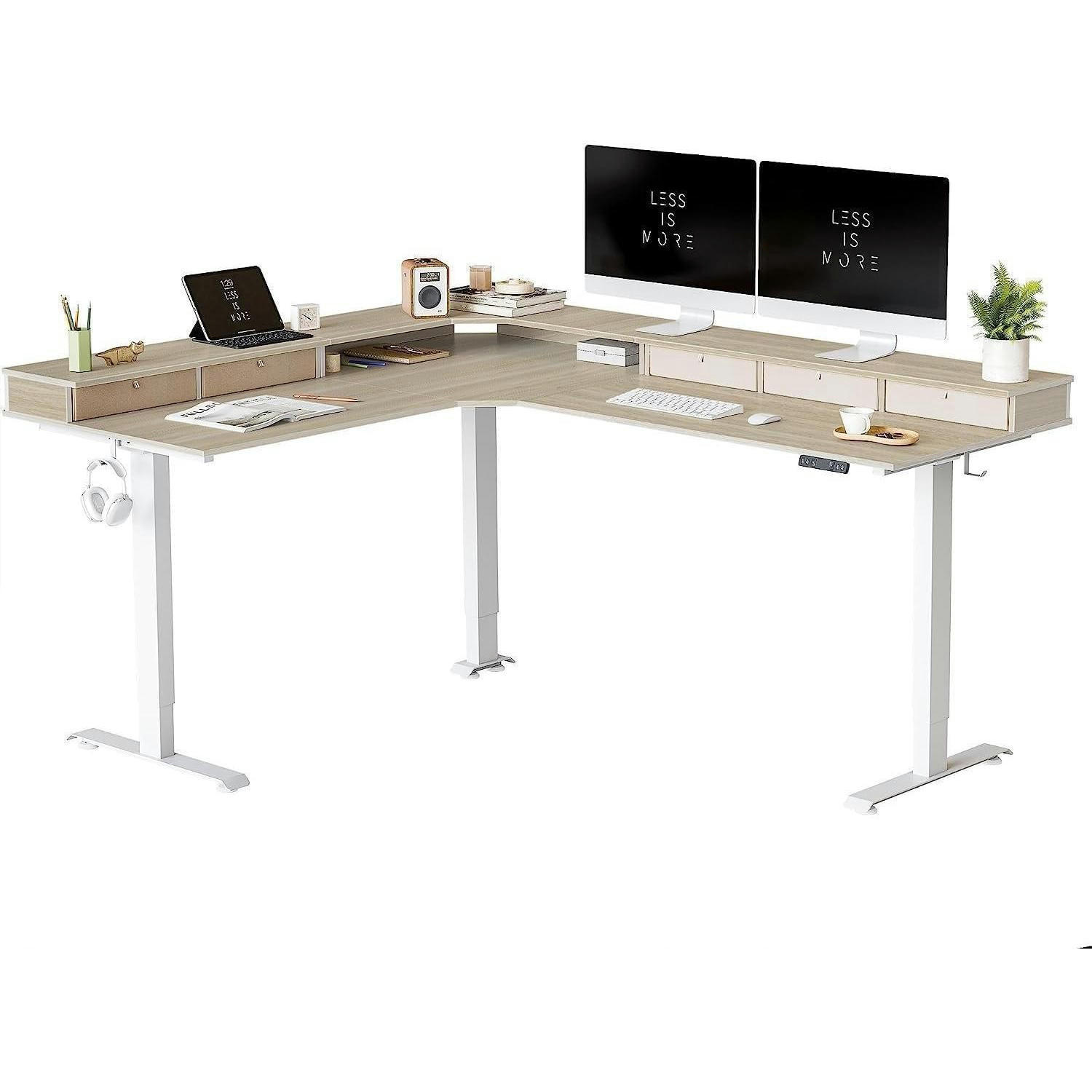 SCHREIBTISCH L-Form Höhenverstellbar Elektrisch 190 x 160 cm Weiß/Helle Walnuss - Beige, Holzwerkstoff (140/160/70cm)