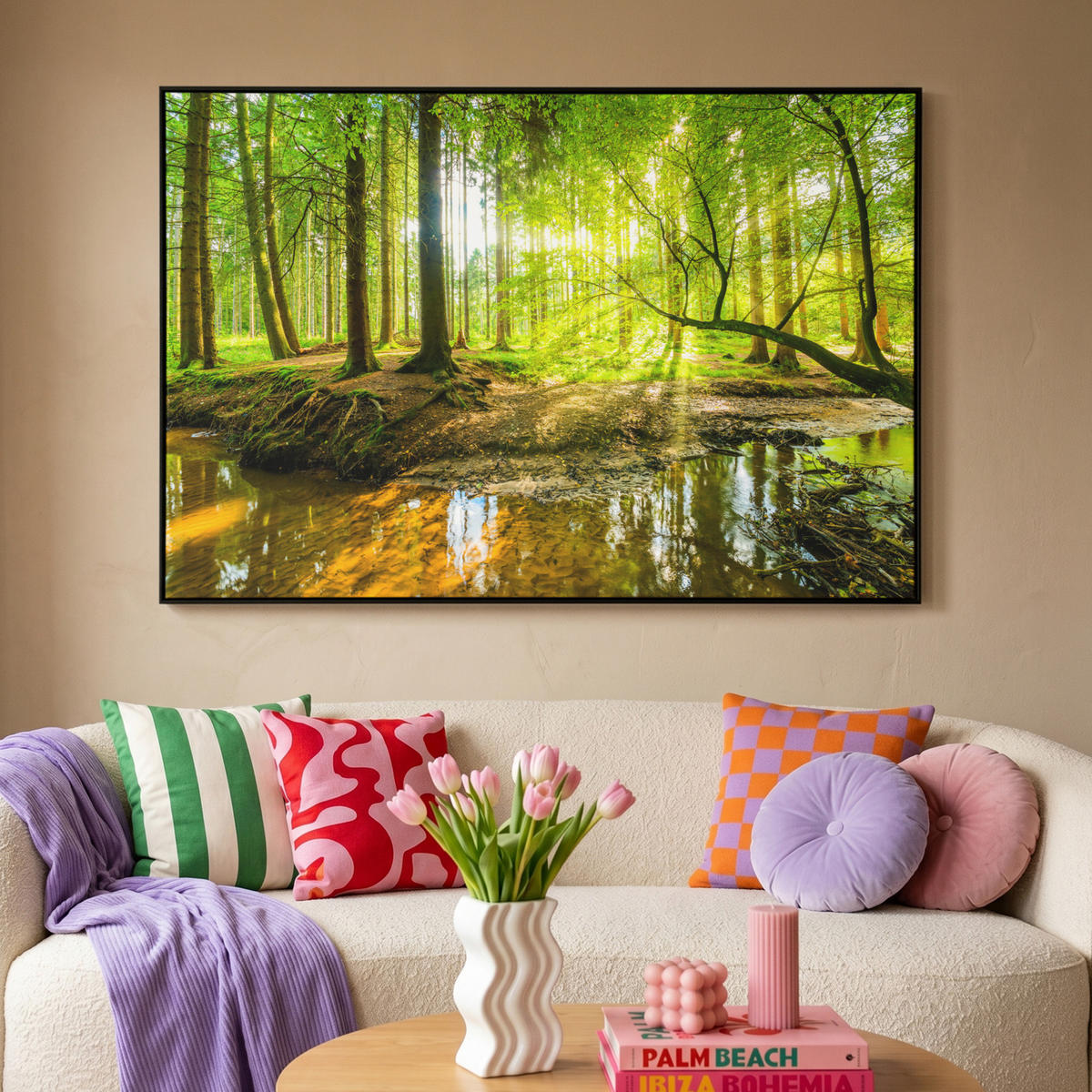 LEINWAND Bilder mit Rahmen - Wald - Landschaft - Wasser - Bäume - Sonne - Grün - Natur - 120x80 - Grün, Textil (120/80cm) - MuchoWow