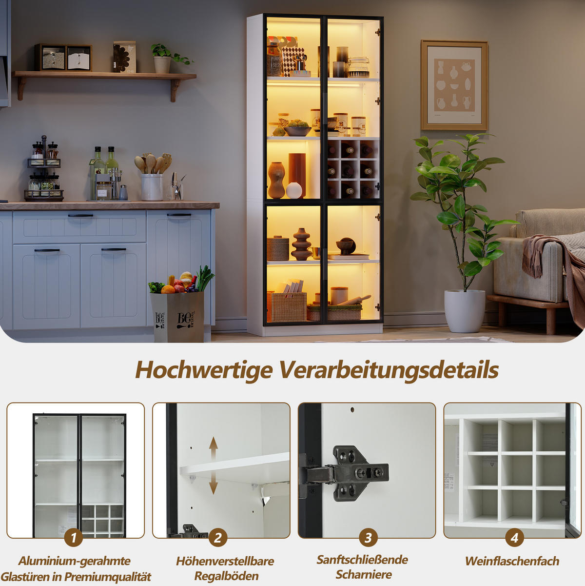 VITRINE 80/35/200 cm in Weiß mit LED-Beleuchtung und Weinfach - Weiß, Holzwerkstoff (80/200/35cm) - Flora Grace