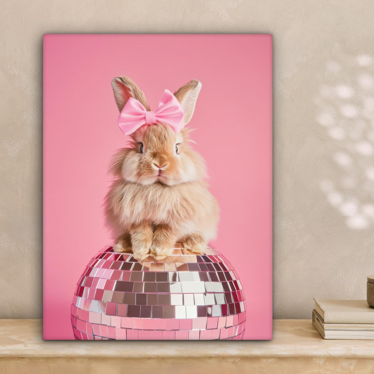LEINWANDBILD Schleife - Discoball - Kaninchen Room Decor 30x40 cm - Pink, Textil (30/40cm) - MuchoWow