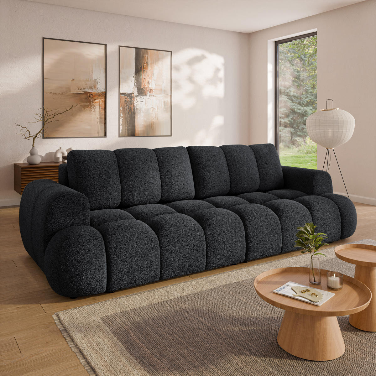 BETTSOFA DAFNE Schwarz Bucle-Stoff mit Schlaffunktion - Schwarz, Textil (300/88/113cm) - MASSENO