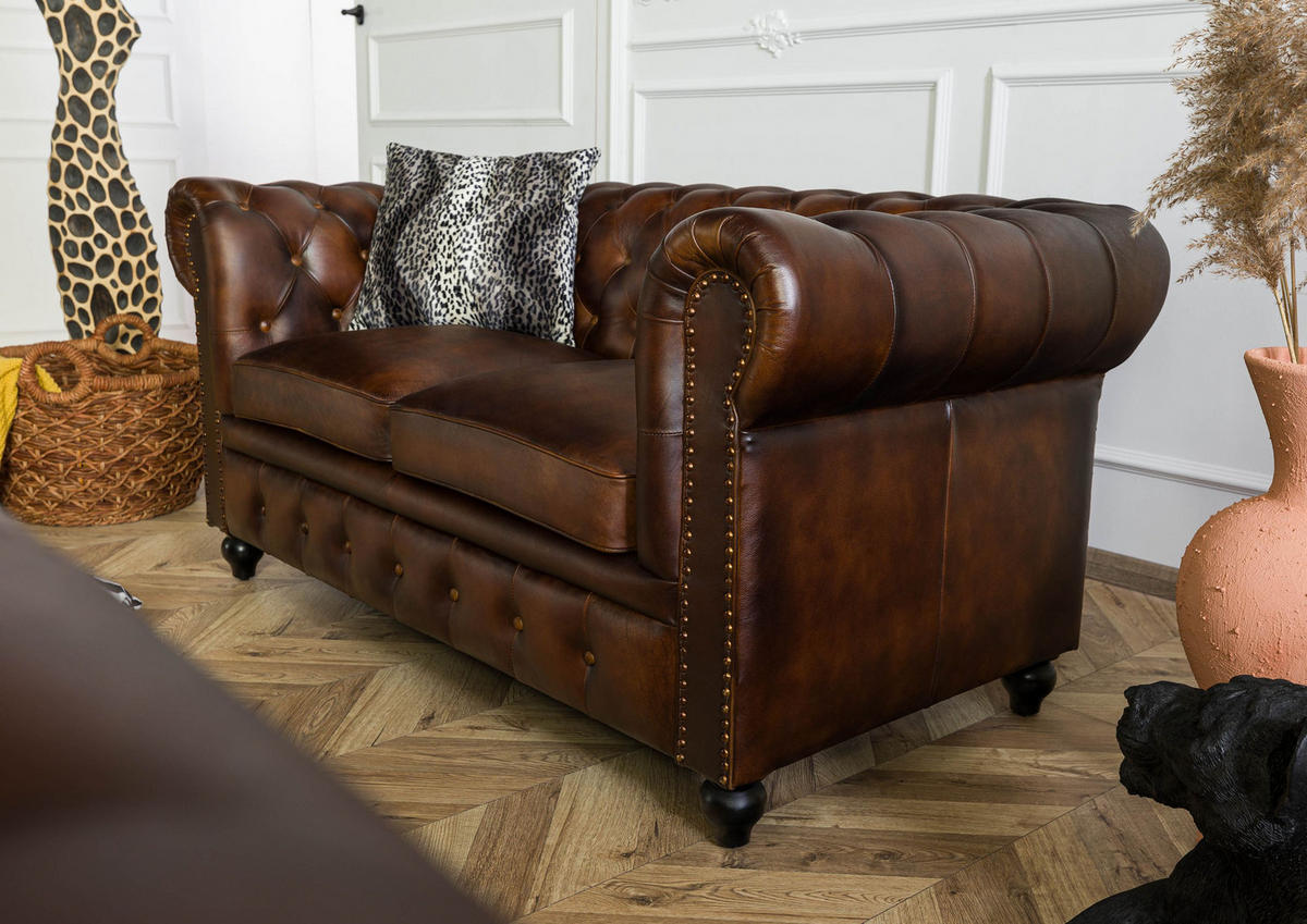 SOFA 2-Sitzer Echtleder 158x82x75 braun CHESTERFIELD #102 - Braun, Leder (162/75/82cm) - Massivmoebel24