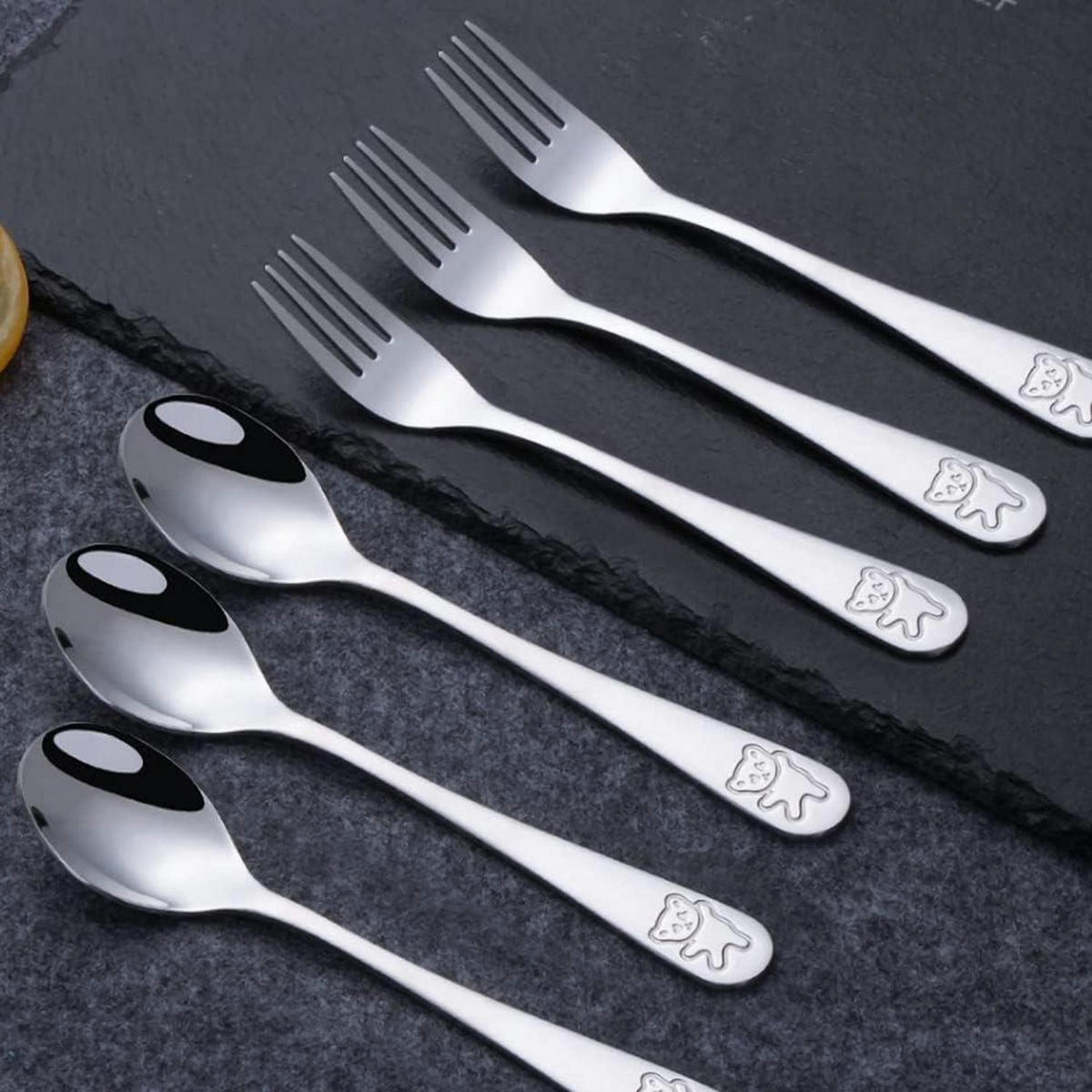 KINDER Besteck Set 6-teilig Edelstahl Bärenmuster 16.5 cm - Silberfarben, Metall